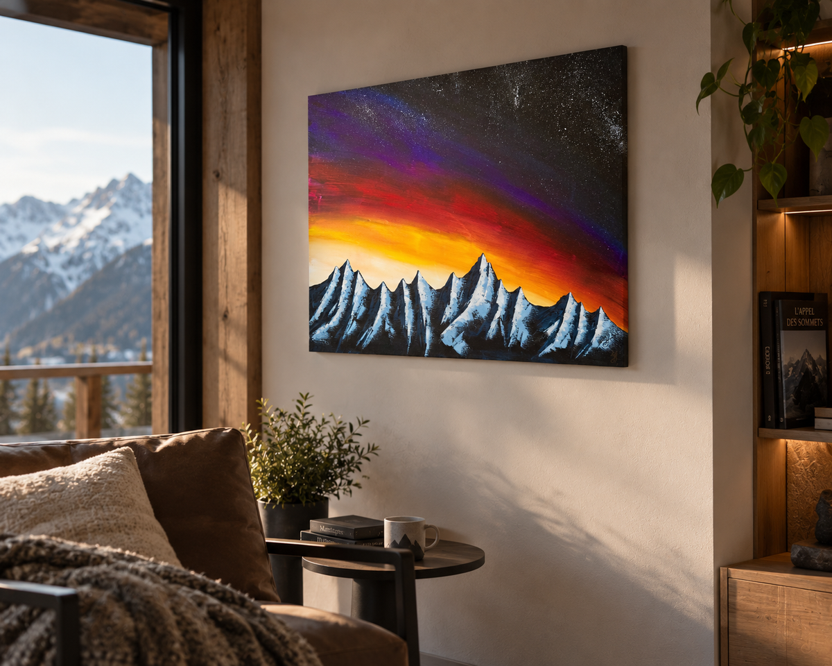 Embrasement Alpin — tableau acrylique original, sommets enneigés sur ciel coucher de soleil jaune orange rouge violet, peint à la main en Suisse — VivasAlpine