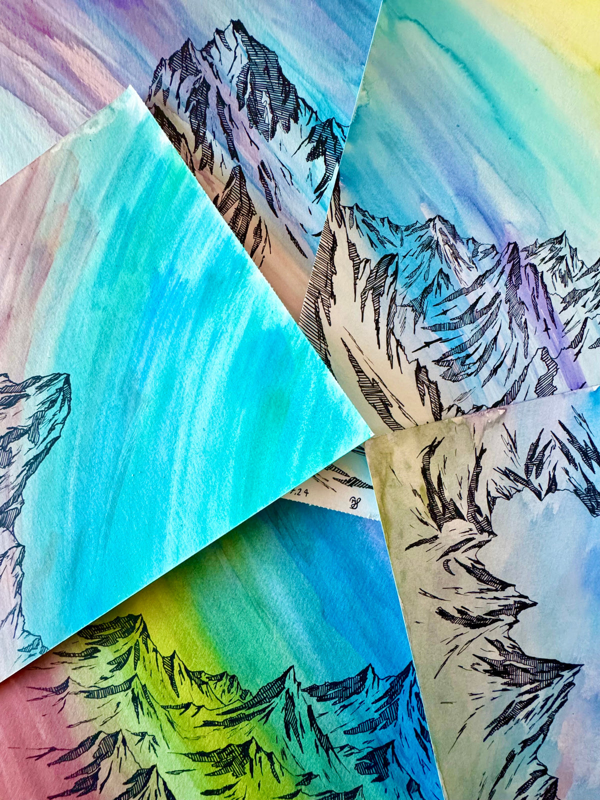 Vue de côté de l’aquarelle Arc-en-Ciel des Cimes