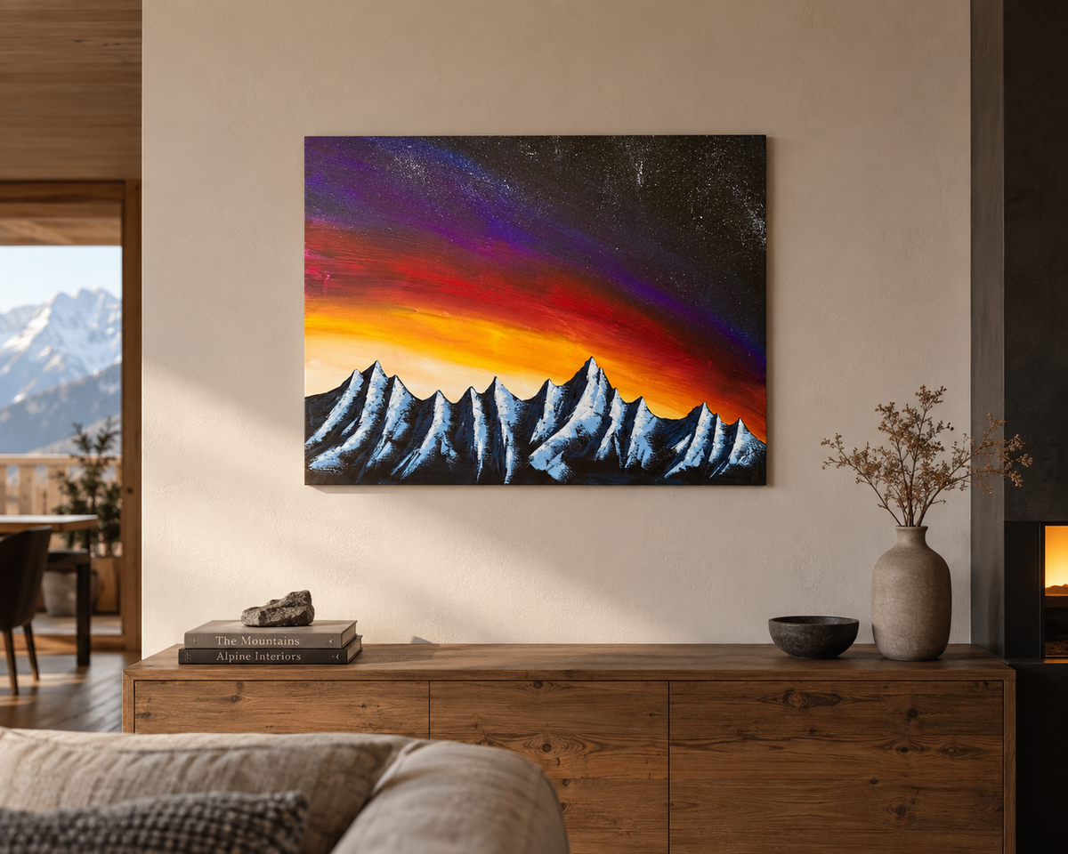 Embrasement Alpin — tableau acrylique original, sommets enneigés sur ciel coucher de soleil jaune orange rouge violet, peint à la main en Suisse — VivasAlpine