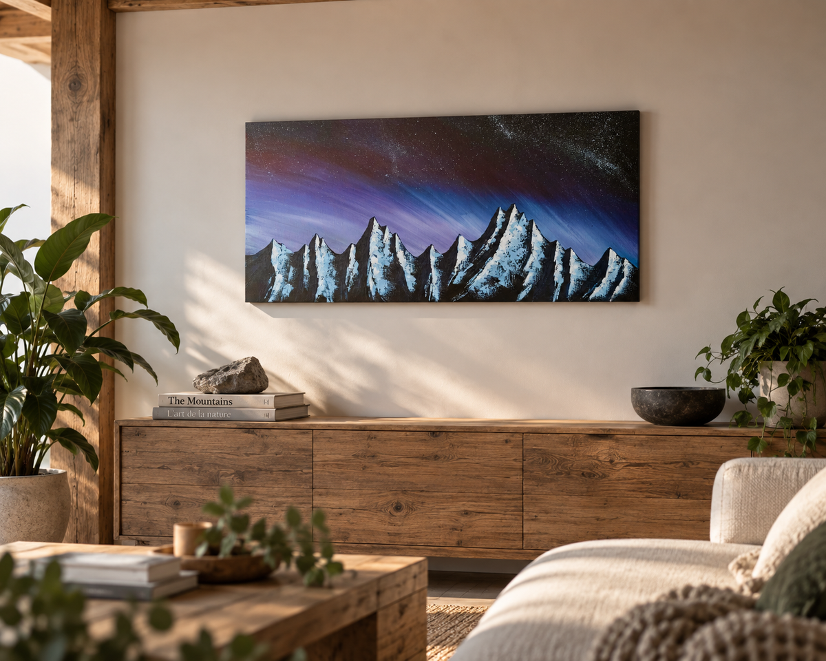 Cimes sous les étoiles — tableau acrylique original, sommets enneigés sous ciel nocturne étoilé bleu violet, peint à la main en Suisse — VivasAlpine