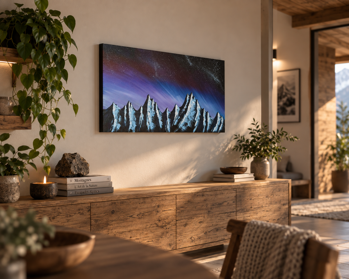 Cimes sous les étoiles — tableau acrylique original, sommets enneigés sous ciel nocturne étoilé bleu violet, peint à la main en Suisse — VivasAlpine