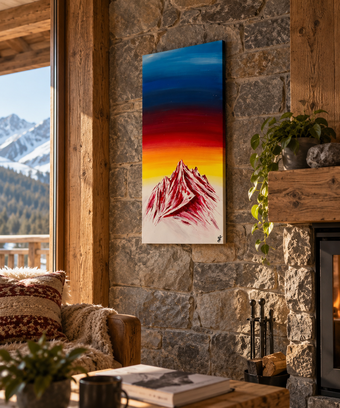 Sommet Ardent — tableau acrylique original peint à la main en Suisse — VivasAlpine