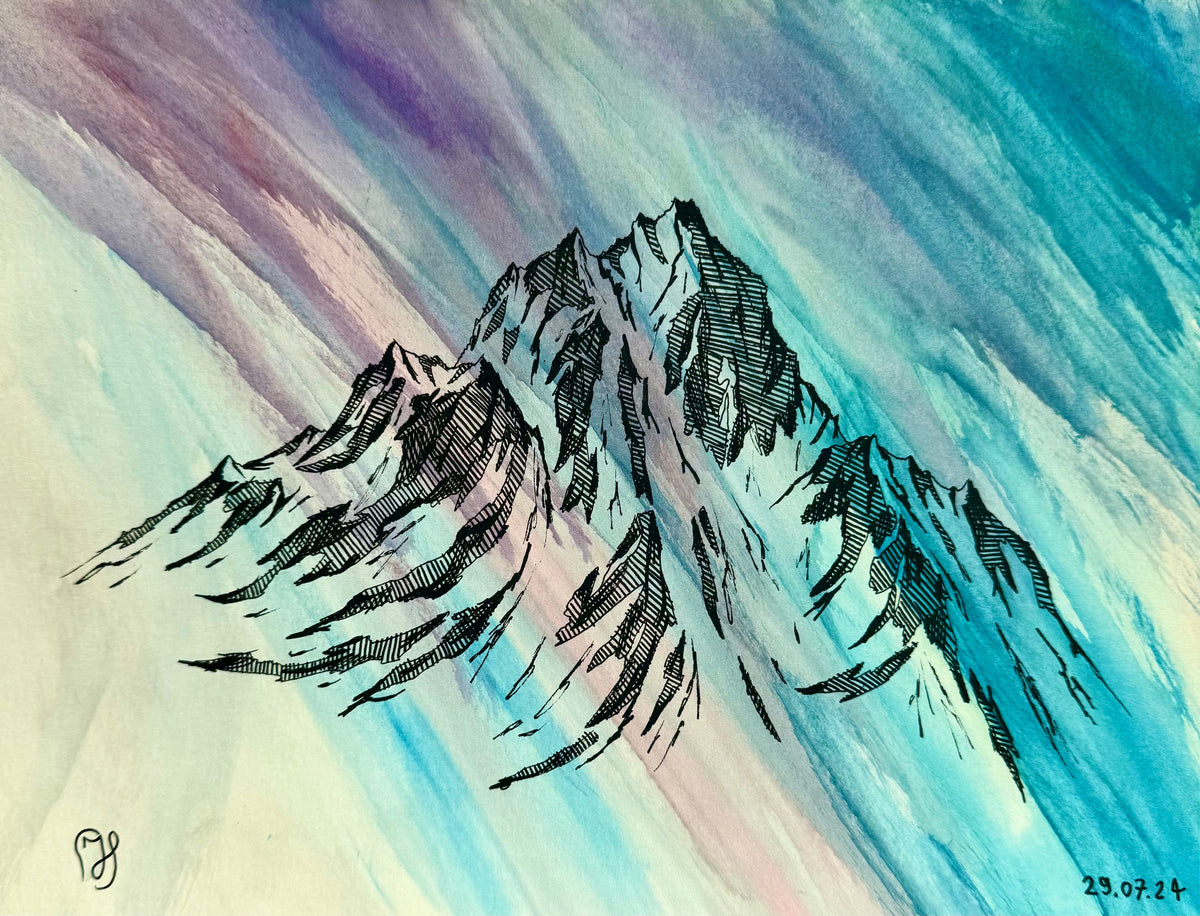Vue de côté de l’aquarelle Vagues de Cimes posée sur une étagère